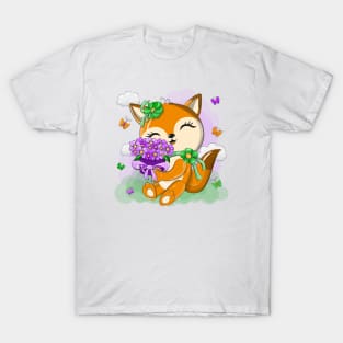 Cute orange fox with a bouquet of flowers T-Shirt